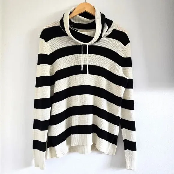 Lauren Ralph Lauren Cotton Waffle Knit Stripe Sweater XL Cowl Neck Black White - Picture 1 of 6